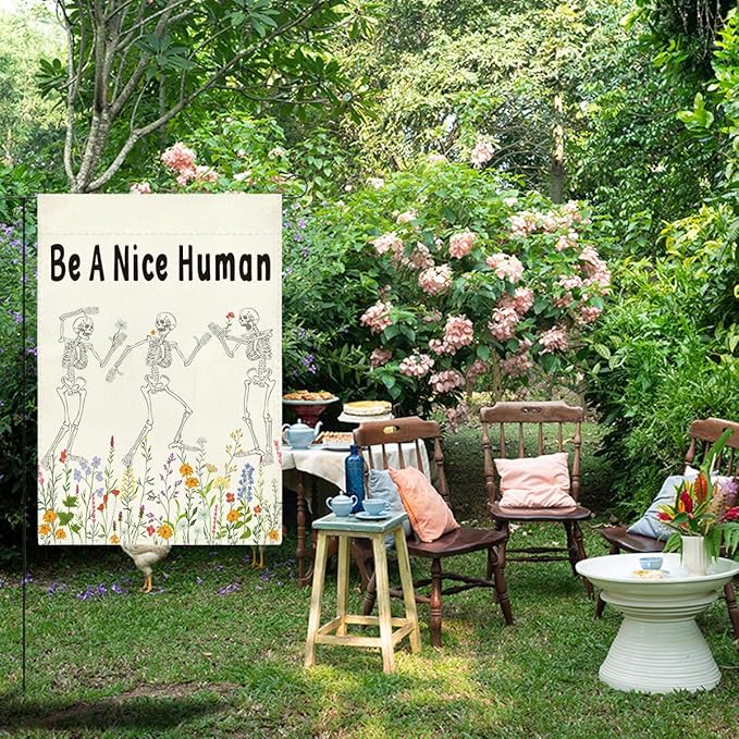 Funny Garden Flag Be a Nice Human Skeleton Skull Wildflower Double Sided Garden Flag Decoration for Yard Veranda Patio Outdoor 12 x18 inches