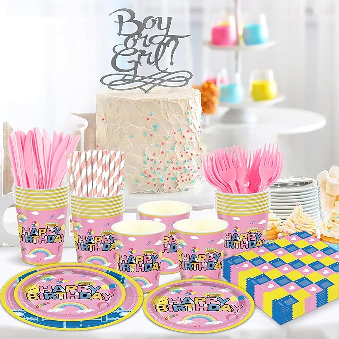 168PCS Cartoon Teacher Party Supplies for Girls Boys Kids Happy Birthday Party Decorations Dinnerware Set Paper Plates Napkin Cups Forks Knives Straw Tableware for 24 Guests