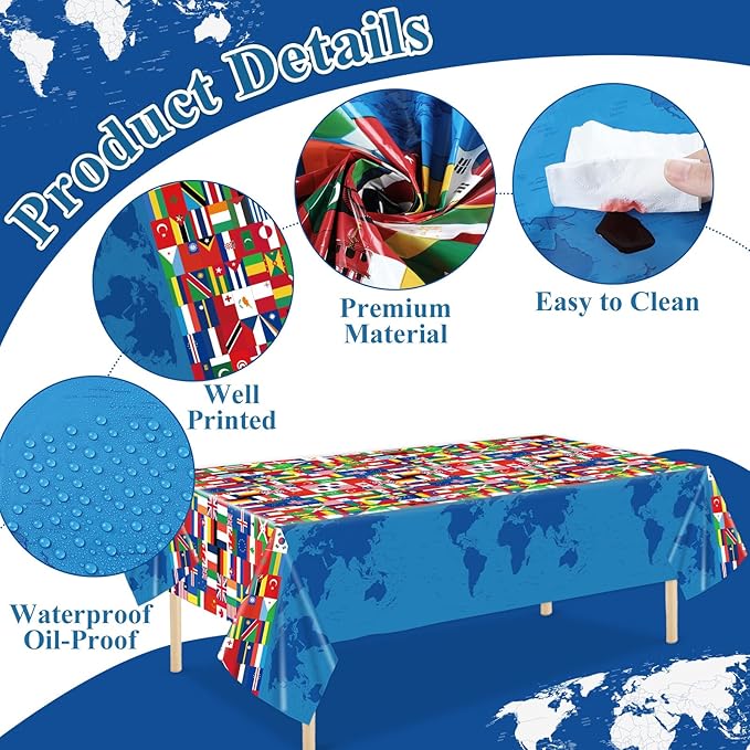6 Pieces International Flag Tablecover World Flag Party Tablecloth Decorations Disposable Plastic Table Cover Birthday Party Decor Supplies Favors Outdoor Indoor
