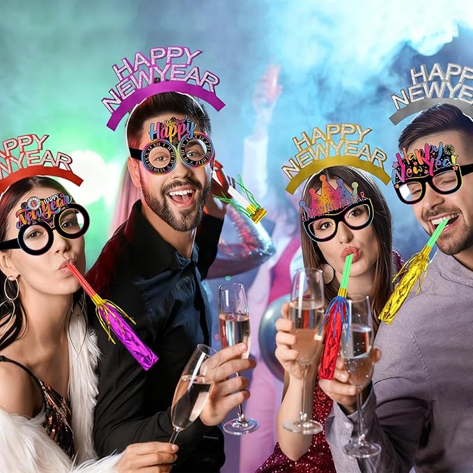 Openfly 36Pcs New Years Eve Party Supplies 2026 Happy New Year Hats Headband Tiara Noise Makers Paper Glasses Party Favors