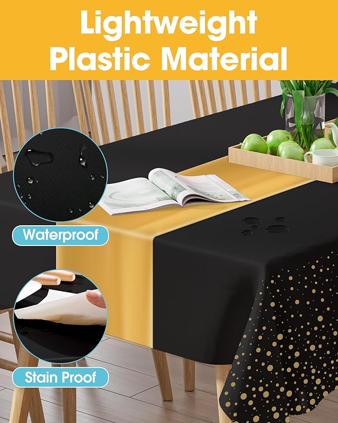 Graduation Decorations Table Cloth for Rectangle Table and Table Runner Set - 3+3 Pack, Black and Gold Plastic Tablecloth Disposable for Birthday, Wedding, Baby Shower, New Year