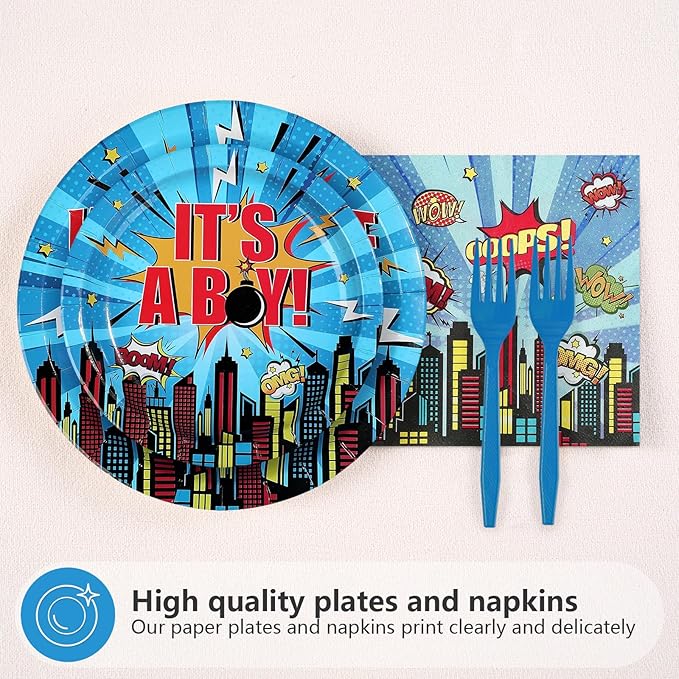96Pcs Super Theme Hero Baby Shower Party Decoration Blue Welcome-Baby Plates and Napkins Hero City Buildings Disposable Tableware Set for Boys Baby Shower Birthday Party Supplies Serves 24