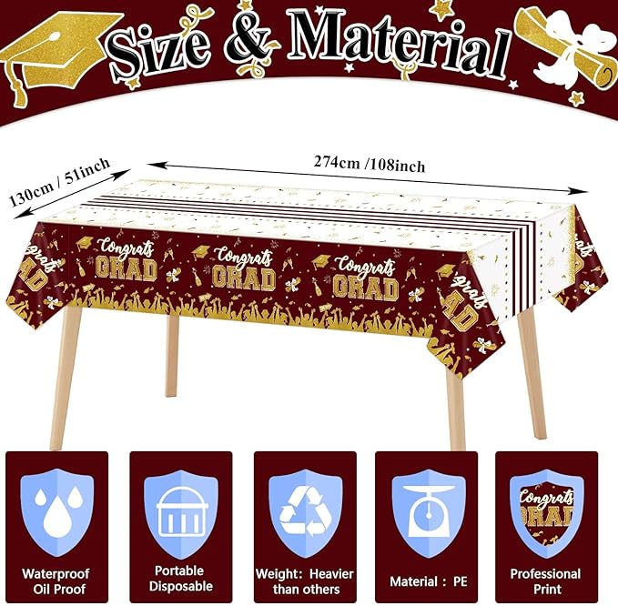 chiazllta Set of 3 Graduation Tablecloths Class of 2026 Congrats Grad Maroon Graduation Party Tablecover Decorations Party Supplies Large Size Plastic 54"x108"(Maroon & Gold)