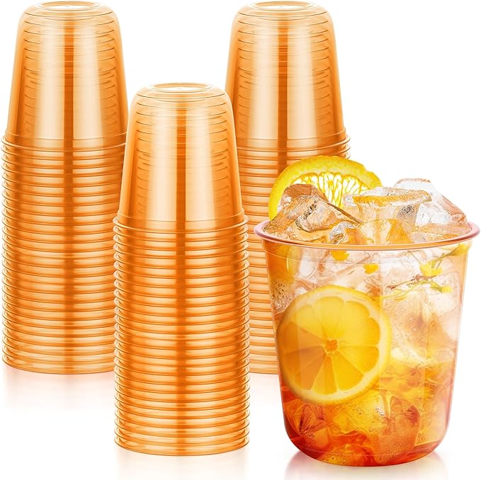 KesaPlan 50 Pcs Halloween Fall Orange Plastic Cups, 12 oz Disposable Stemless Wine Glasses, Plastic Cocktail Glasses for Juices Coffee Soda, Round Bottom Party Cups for Thanksgiving Wedding Party