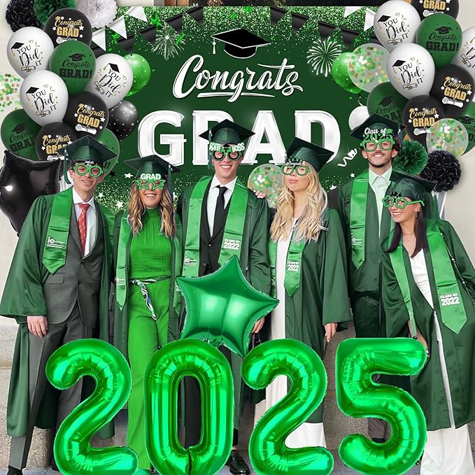 Green Black Graduation Decorations 2025 - Graduation Latex Balloons with Congrats GRAD Backdrop Banner, 2025 Number Balloons, Paper Pom Poms for College Celebrations Graduations Party Supplies