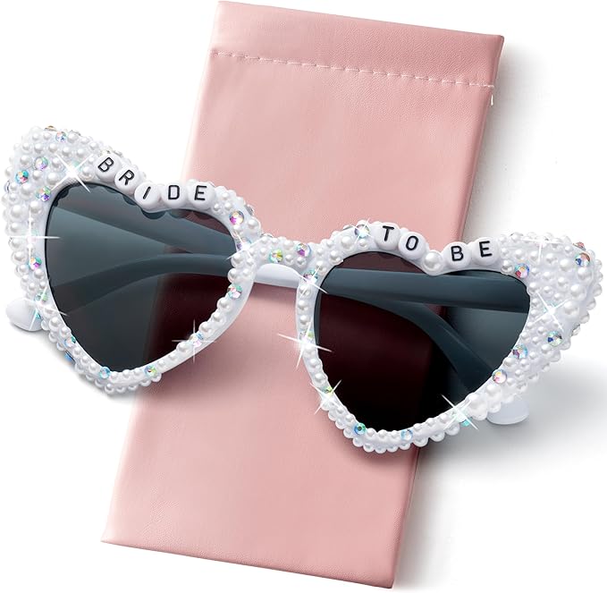 PANTIDE Bride To Be Sunglasses - Rhinestone Pearl Heart Shaped Sunglasses, Bachelorette Party Engagement Gift
