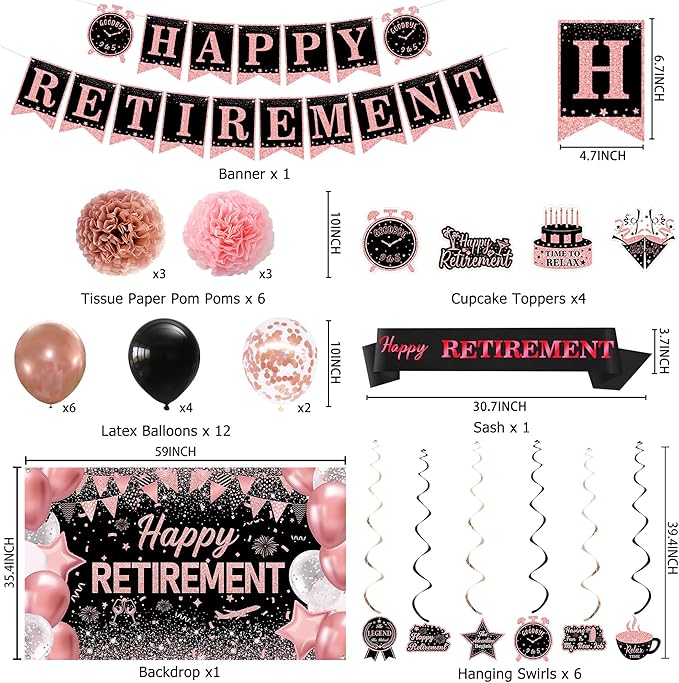 DARUNAXY Rose Gold Retirement Decorations for Women, Happy Retirement Banner, Pink Officially Retired Hanging Swirl The Legend Has Retired Sash Tissue Paper Pom Poms Party Supplies(31PC)