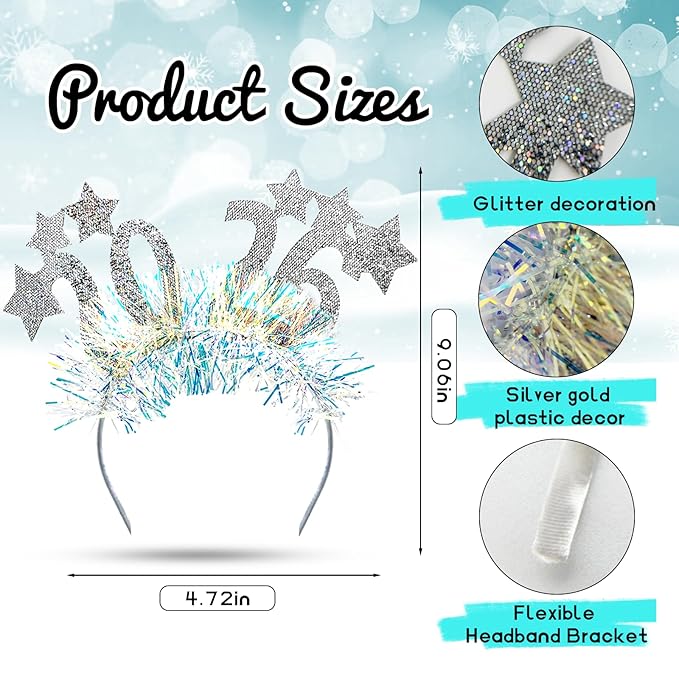 4 Pcs Happy New Year Headbands for Women 2026 New Year Eve Hairbands Party Supplies Holiday Headwear Decoration Gifts (Silver)