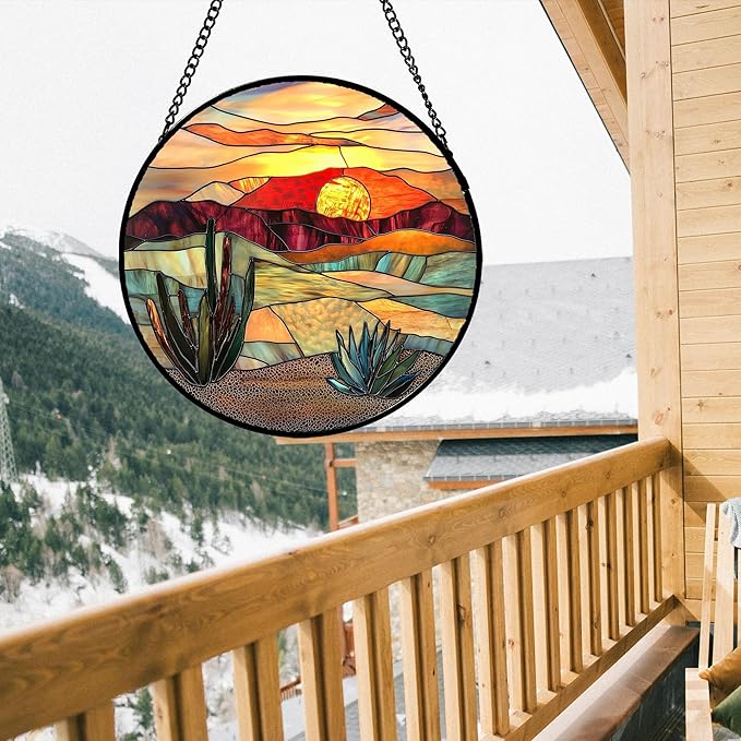 Stained Glass Window Hanging, Golden Landscape Dusk Sunset Suncatcher for Doors Window Home Cactus Sun Catchers Decoration Mother's Day Birthday Gifts for Women, Men, and Mom 6.3 in