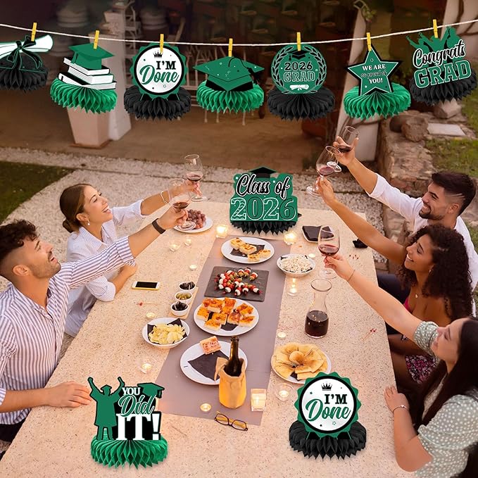 Yisong 9 Pieces 2026 Graduation Party Table Decorations Class of 2026 Congrats Graduation Centerpieces for Tables Congratulate Honeycomb Centerpiece Topper for Grad Party Supplies(Green)