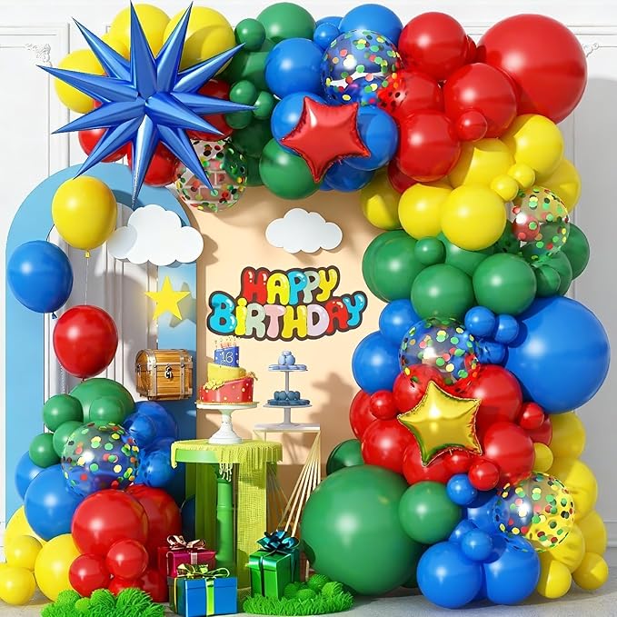 Red Yellow Green Blue Balloon Arch Kit 123Pcs Rainbow Balloons Garland with Star Foil Balloon Cartoon Colorful Birthday Party Balloons for Boys Men Game Baby Shower Carnival Circus School Decorations