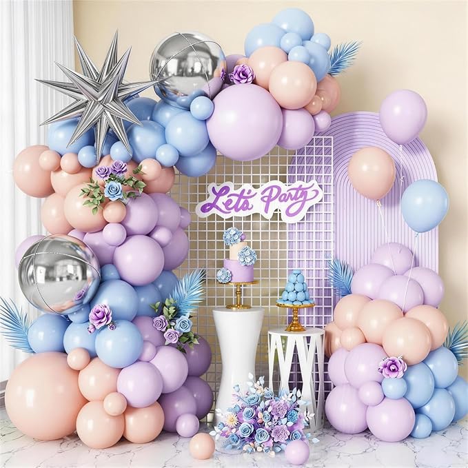 Pastel Balloon Arch Garland Kit with Macaron Blue Purple Orange Balloons Silver Star Foil Balloon for Birthday Baby Shower Wedding Party Decorations