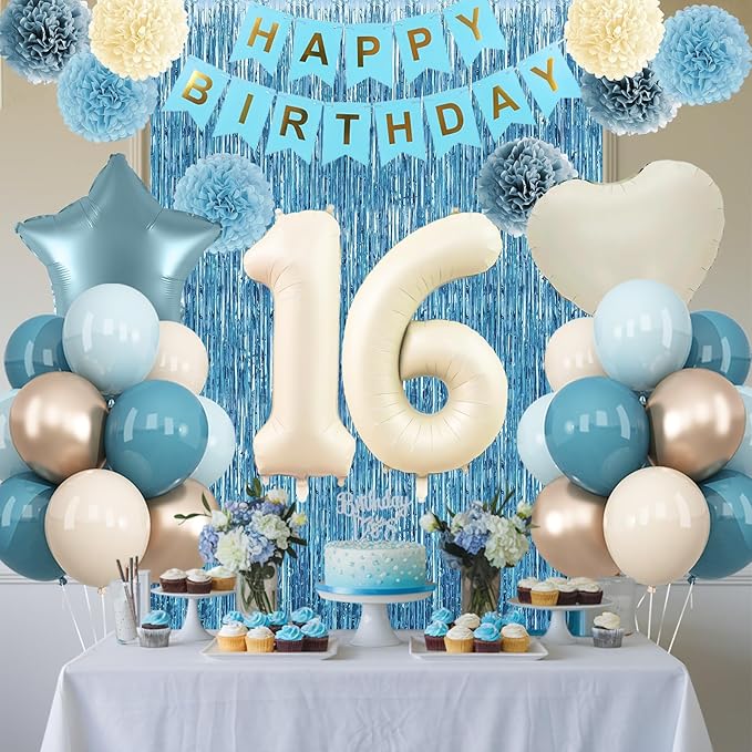 Dusty Blue 16th Birthday Party Decorations Boys Girls Beige Cream Number 16 Balloon with Blue Gold Happy Birthday Banner Fringe Curtain Paper Pom Poms Nude White Sand Champagne Star Foil Balloons