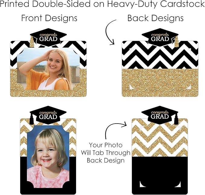 Graduation Photo Display Centerpiece Kit - 15 Double-Sided Photo Table Topper Sticks, Vertical and Horizontal 4x6 Picture Holders, DIY Party Decoration Set - Tassel Worth The Hassle- Gold