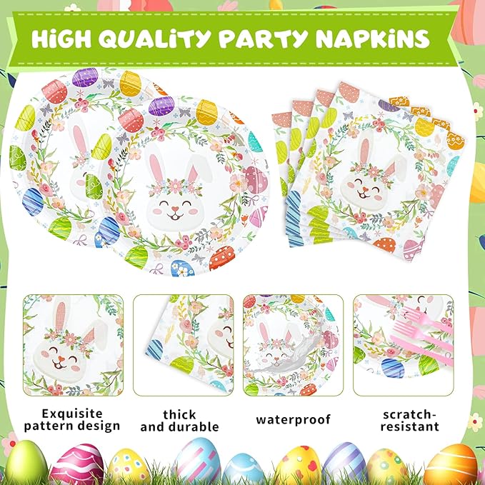 Easter Plates and Napkins Set for 20 Guests - 40 Pcs Disposable Easter Dinnerware, 9 Inch Colorful Egg & Bunny Floral Paper Plates 20pcs and Napkins 20pcs for Dinner, Spring Party Decorations