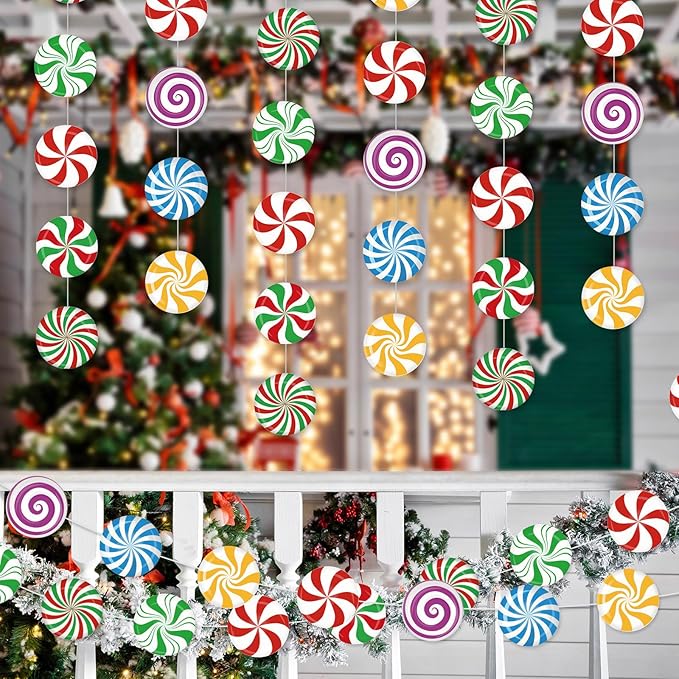 Faccito 8 Pcs Christmas Peppermint Candy Hanging Decorations Christmas Ceiling Decorations Paper Garland for Xmas Party Winter Holiday Birthday Decor(Mixed Candy)