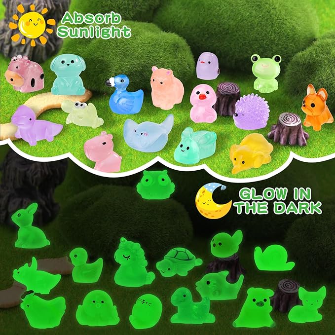 240 Pcs Luminous Mini Resin Animals 30 Styles Miniatures Animal Figurines Glow in The Dark Tiny Little Animals Figures to Hide for DIY Fairy Garden Micro Landscape Dollhouse Aquarium Party Decor