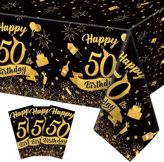 3 Pack 50th Birthday Plastic Tablecloth, 54x108 Inch Black Gold Disposable Rectangle Table Cover Waterproof Table Cloth for Birthday 50 Anniversary Party Supplies