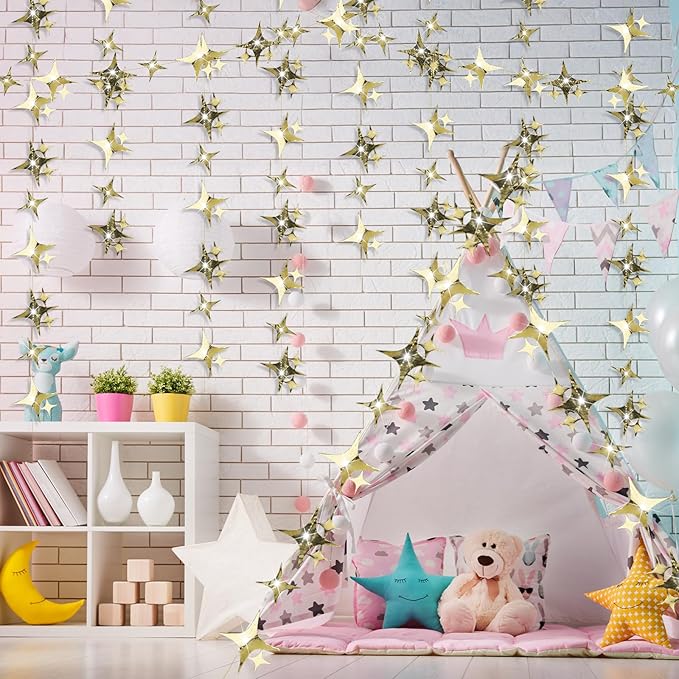 Glitter Gold Star Garland Banner, 52 Feet Twinkle Star Hanging Bunting Banner Backdrop for Wedding Birthday Baby Shower Graduation Christmas Party Decorations(Gold)