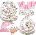 168PCS Easter Party Supplies Happy Easter Party Decorations Vintage Bunny Flower Paper Plates Napkins Cups Cute Rabbit Wlidflower Themed tableware for Spring Holiday Picnic Serve 24