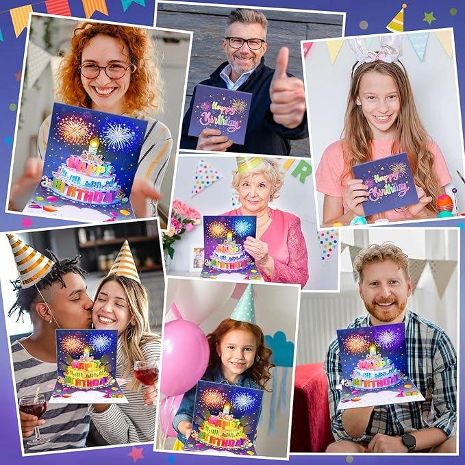 INPHER UPGRADED Blowable Birthday Cards 3D Pop Up Fireworks Cake Light and Music Happy Birthday Card Gifts for Women Men Mom Kids