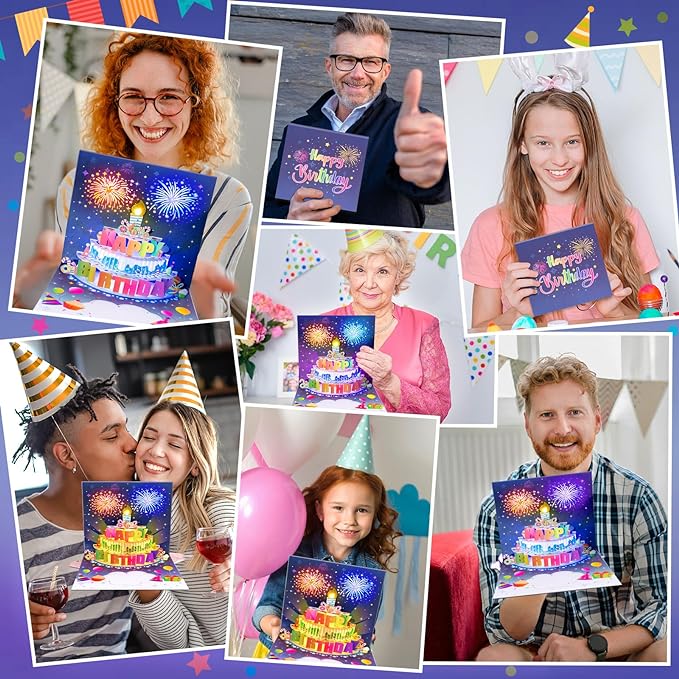 INPHER UPGRADED Blowable Birthday Cards 3D Pop Up Fireworks Cake Light and Music Happy Birthday Card Gifts for Women Men Mom Kids