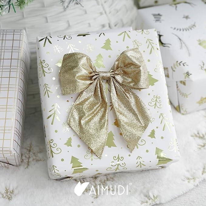 AIMUDI Champagne Glitter Wired Ribbon Bows with Twist Tie 5.5" Premade Metallic Christmas Bows for Gift Wrapping, Wreath, Garland, Holiday Crafts Party Home Outdoor Christmas Tree Decorations, 12 PCs