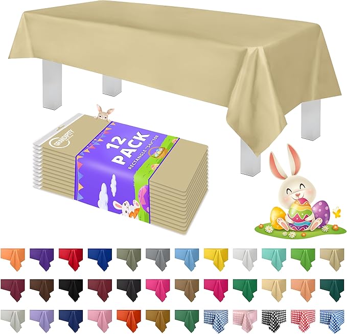 Grandipity 12 Pack Premium Disposable Plastic Tablecloth 54 Inch. x 108 Inch. Decorative Rectangle Table Cover - Beige