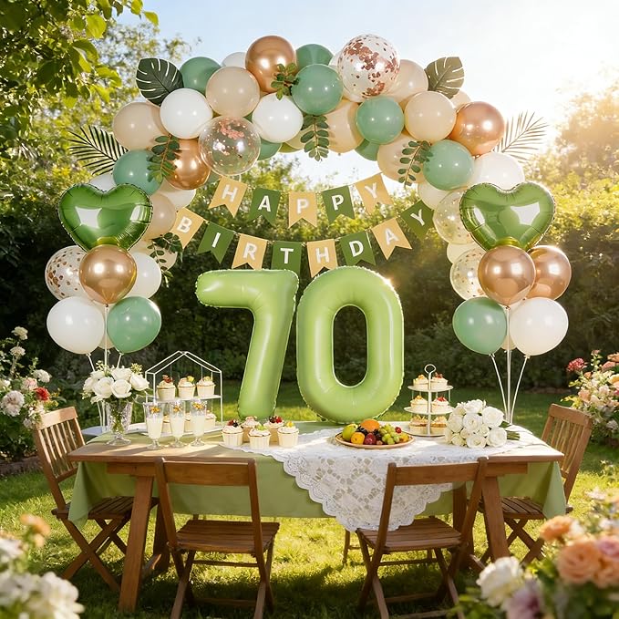 Sage Green 70th Birthday Decorations for Women Men, 70 Years Loved Milestone Party Supplies, Sand White & Cream Balloon Kit with Green Number 70 Balloon and Fringe