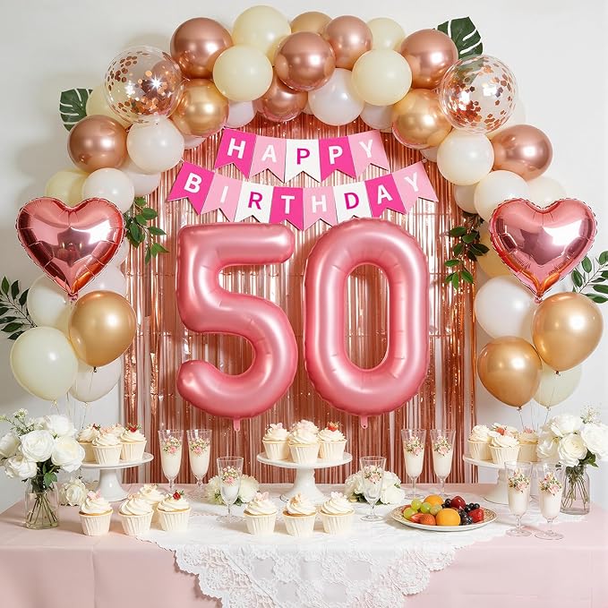 50th Birthday Decorations for Women, Rose Gold and Pink Party Supplies Set with Happy 50th Banner, Number 50 Balloon and Foil Fringe Curtains, 50 Year Old Kit