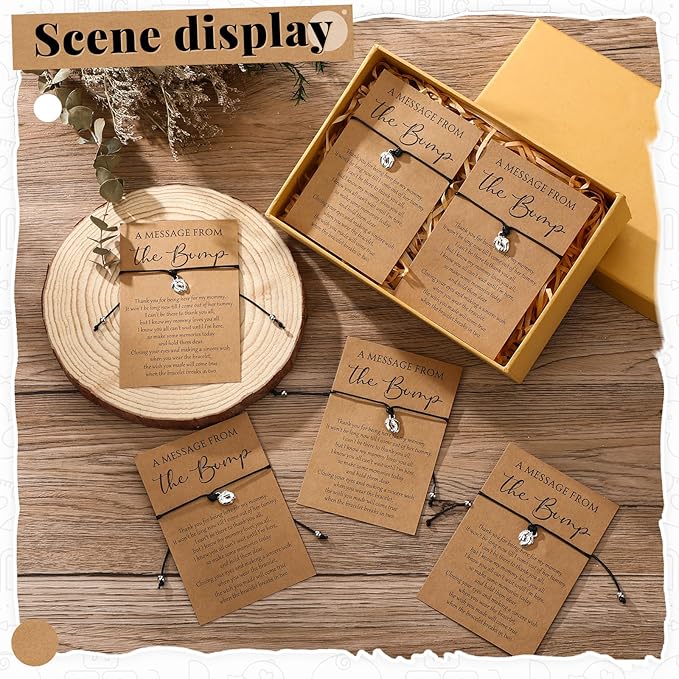 Thyle 50 Set Kraft Baby Shower Favors for Guests Adjustable Bracelets with Message from The Bump Card Footprints Charm Baby Shower Bracelets for Gender Reveal Thank You Gifts