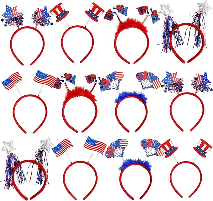 4th of July Headband 12pcs 250th Anniversary Patriotic Headbands Uncle Sam Hat USA Flag Headbands for Independence Day Party Favors Fourth of July Party Accessories