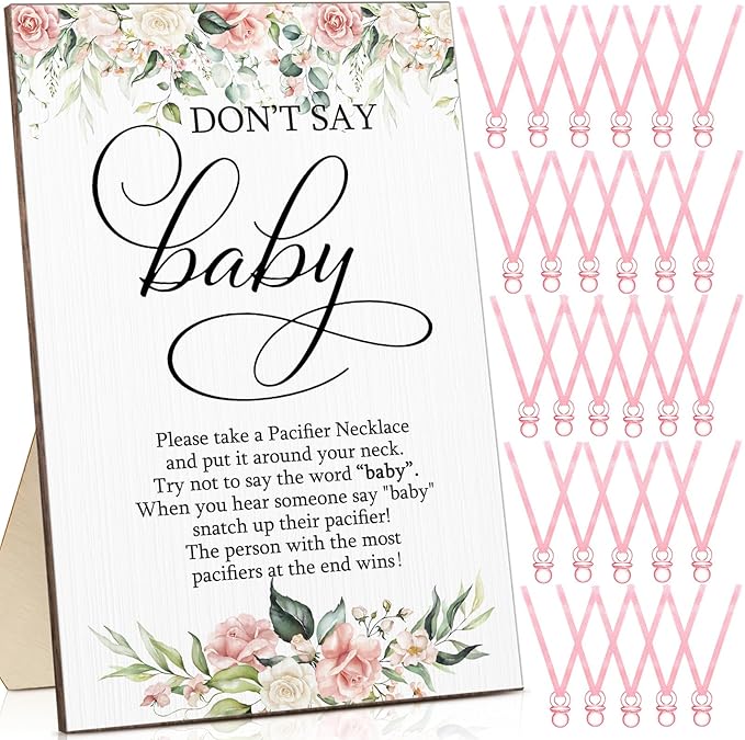 Geetery 51 Pcs Don't Say Baby Game Sign Cool Baby Shower Game 50 Pacifier Necklace Wooden Don't Say Sign Plastic Pacifier Party Favor for Gender Reveal(Floral,Pink)