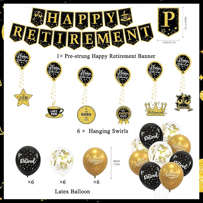 Roetyce Retirement Party Decorations for Men Women, Black Gold Happy Retirement Banner Balloons Hanging Swirls Kit, Lengend Has Retired Backdrop for Coworker, Office Retired Party Supplies