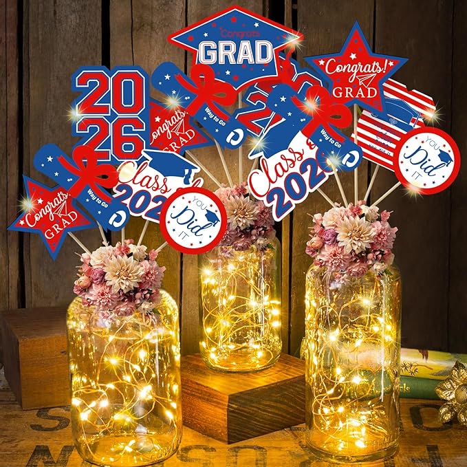 OuMuaMua Graduation Decorations Class of 2026-30pcs Red and Blue Graduation Table Centerpieces Sticks Table Toppers with Lights for College High School Congrats Grad Party Supplies