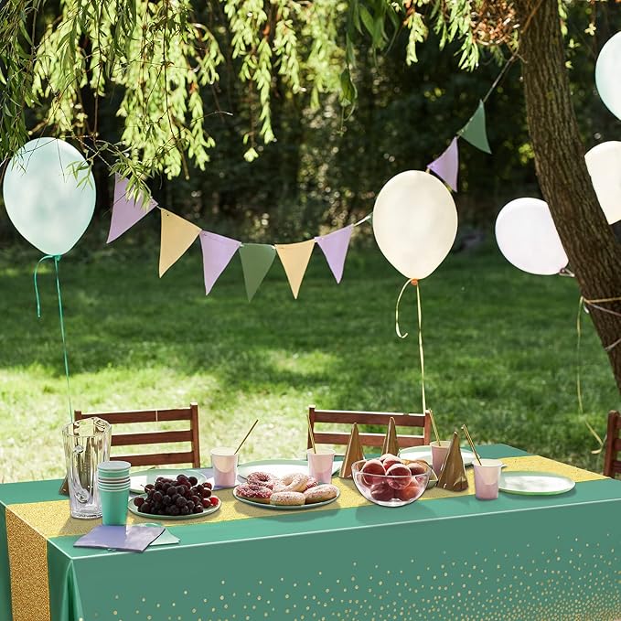 Irenare Tablecloth and Sequin Table Runner Set Polka Dots Confetti Table Cover Dining Plastic Tablecloths Glitter Decorations for Birthday Wedding Anniversary Party Supplies(Green, Gold,2 Pcs)