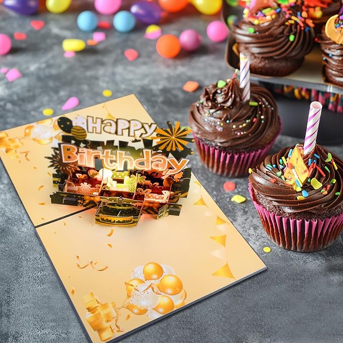 Chocolate-Colored Gilded Cake Music Playing Pop Up Happy Birthday Greeting Card with LED Light, Love Gift for Adult and Kid with Blank Note & Envelope, Celebration for Daughter, Son, Mom, Dad