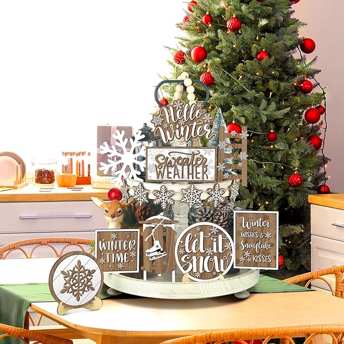 15 Pcs Winter Tiered Tray Decor Snowflake Tiered Tray Decorations Set Hello Winter Let It Snow Wooden Signs Farmhouse Christmas Decor for Home Table Shelf