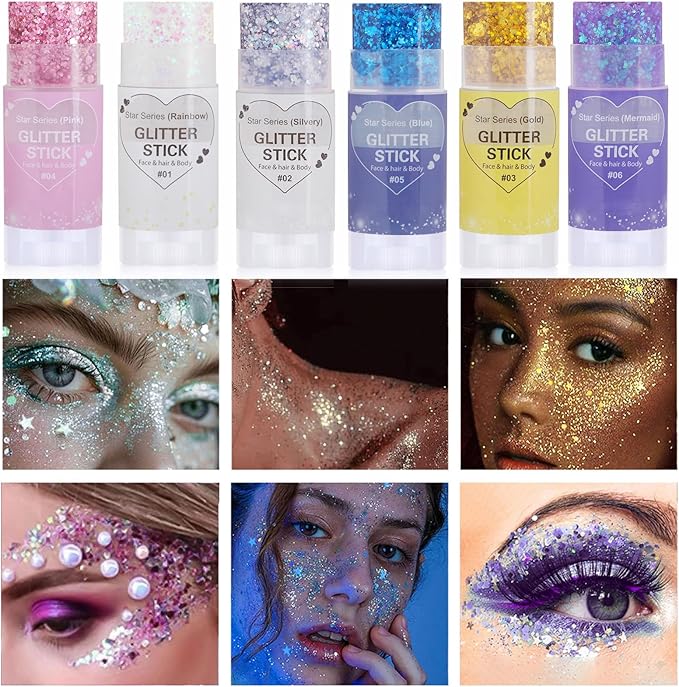 Blue Hair Glitter Stick,Rave Carnival Accessories Chunky Sequins Face Glitter,Singer Concert Body Glitter for Women, Waterproof Halloween Glitter Makeup Paint for Parties,Festival