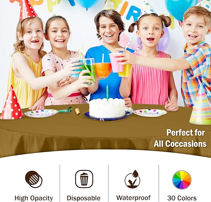 Exquisite Party Solids 6-Pack Premium Plastic Tablecloth 84in. Round Plastic Table Cover - Gold