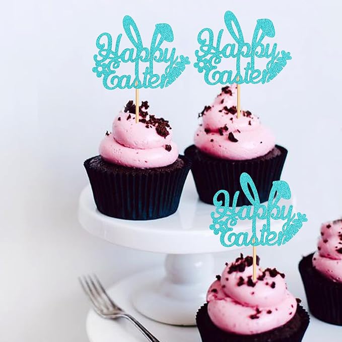 Ercadio 24Pcs Happy Easter Cupcake Toppers Glitter Blue Happy Easter Bunny Ears Cupcake Picks for Easter Day Theme Baby Shower Easter Birthday Party Cupcake Decorations