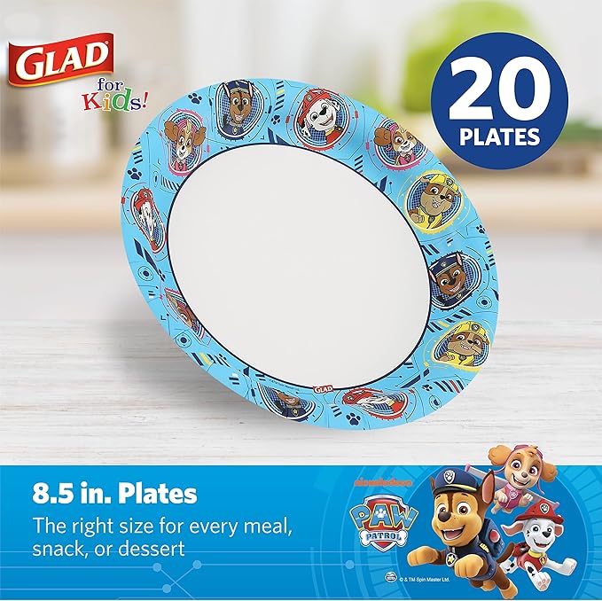 Glad for Kids Paw Patrol Disposable Paper Plates, Heavy Duty Soak Proof Microwavable Kids Plates for Parties, Birthdays, and Everyday Meals, Core Pups Blue, 8.5 Inch, 20 Count (Pack of 2)