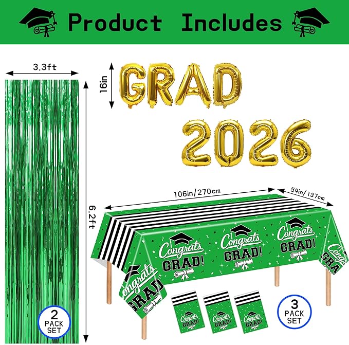 7-Pack Graduation Party Decorations Set, 3 Green Graduation Tablecloths 54x108in, 2026 And GRAD Balloons, 2 Foil Fringe Curtains for High School College Graduation Party Photo Booth