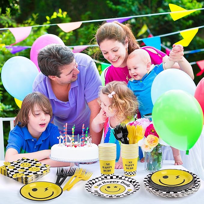 Kochorie 144 Pieces One Happy Dude Party Tableware Sets including Disposable Plates Napkins Cups Forks Serves 24 for Smiley Face 1st Birthday Preppy Party Decorations