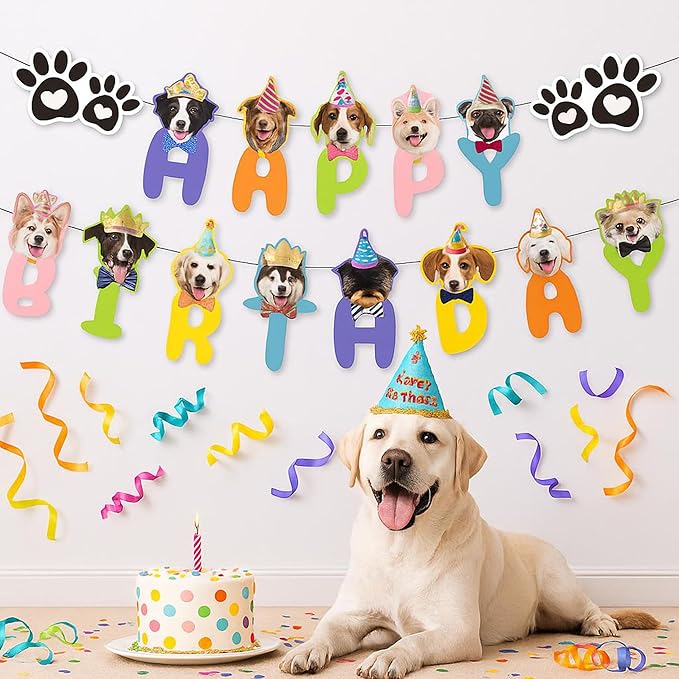Happy Birthday Dog Birthday Banner,Dog Face Birthday Party Banner Backdrop Decoration, Pet Theme Party Decoration for Golden Doodle Teddy Husky Labrador