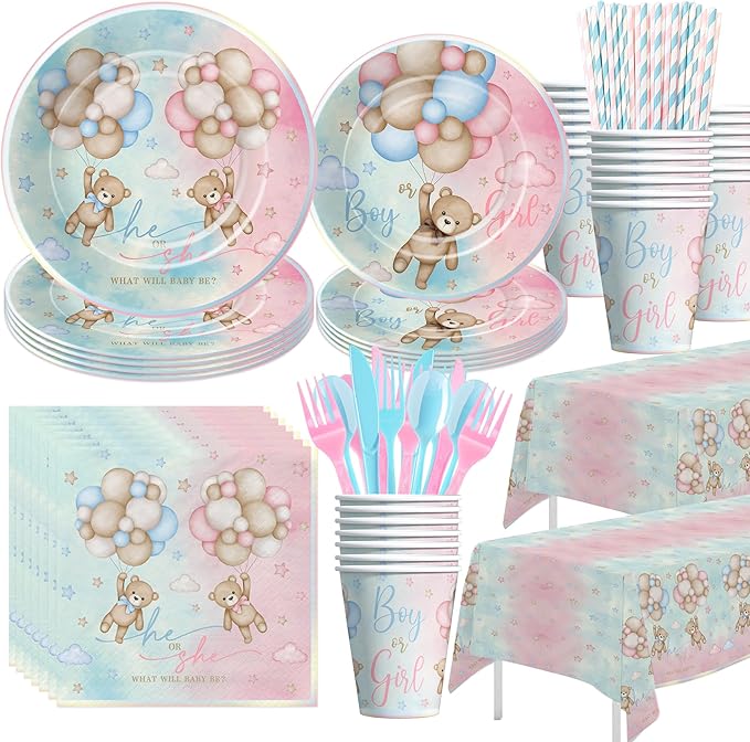 Bear Gender Reveal Decorations Party Tableware - Bear Boy Or Girl Gender Reveal Supplies, Paper Plate, Cup, Napkin, Tablecloth, Cutlery, He Or She Table Decorations | Serves 24