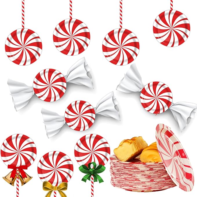Wiooffen 48 Pcs Christmas Peppermint Candy Paper Plates Candy Mint Happy New Year Party Supplies 7" Bundle Christmas Holiday Festive Plate