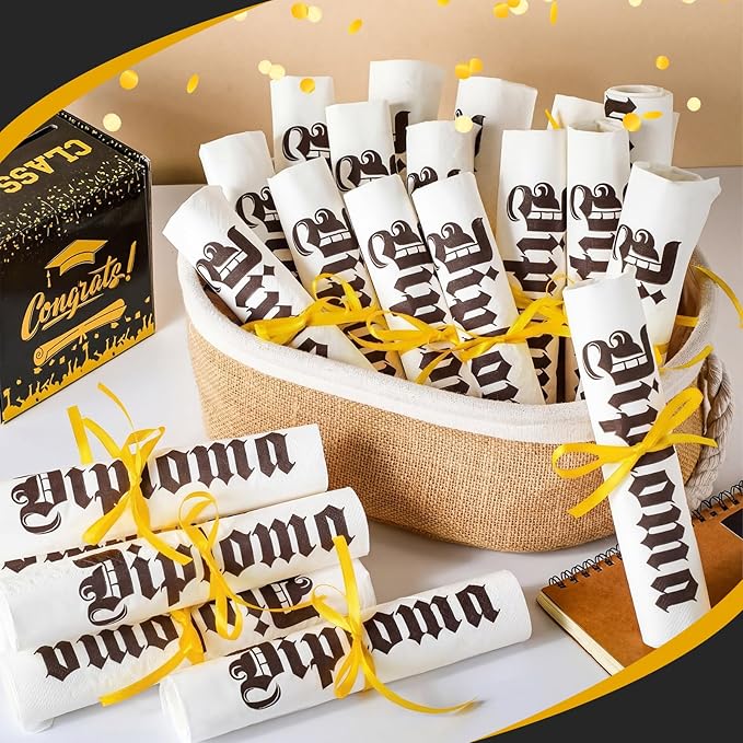 100 Set Graduation Diploma Guest Napkins Gold Rolled Silverware Disposable Grad Award Dinner Napkin with Ribbon and Scissors for Celebration
