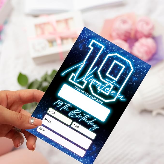 SIXEIGHT Blue 19th Birthday Invitations for Boys, Neon Glow Party Invitations for Girls Kids, 20 Pack Double Sided Invite Cards with Envelopes, 19th Glow Neon Birthday Party Decorations, 4x6 Inch-C52