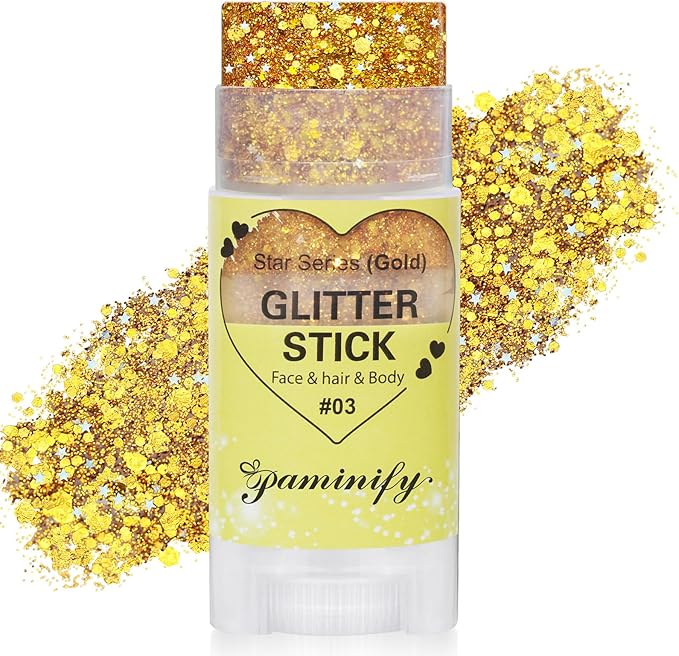 Gold Hair Glitter Stick,Gold Yellow Body Face Glitter Makeup,Rave Mardi Gras Accessories Carnival Holographic Sequins,Singer Concert Outfits for Women,Waterproof Shimmer Body Face Paint